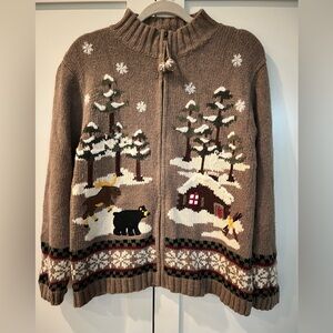 Vintage Cabin Scene Christmas Sweater Cardigan Croft & Barrow Medium
